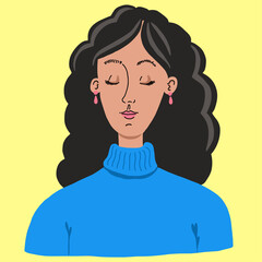 Portrait of curly young women in sweater . Winter season hand drawn illustration for greeting card, poster, sticker, etc.
