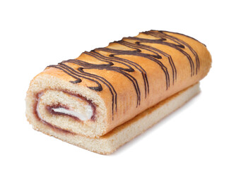 Tasty cake roll with cream and jam isolated on white