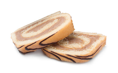 Slices of tasty cake roll with cream on white background