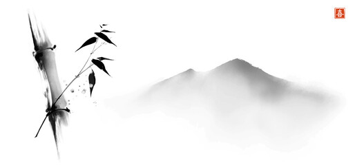 Ink painting with bamboo and far mountains on white background. Traditional oriental ink painting sumi-e, u-sin, go-hua. Translation of hieroglyph - eternity - obrazy, fototapety, plakaty