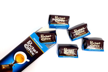 Italy – October 25, 2021: Pocket Coffee Decaffeinated Espresso. Pocket Coffee is a brand of food products made in Italy by Ferrero