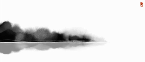 Ink painting of misty island with forest trees reflecting in water. Traditional oriental ink painting sumi-e, u-sin, go-hua. Simple and clean minimalist style.