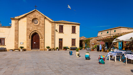 The picturesque village of Marzamemi, in the province of Syracuse, Sicily. Square of Marzamemi, a...