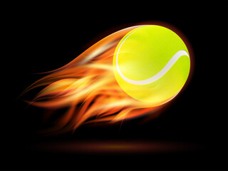Flaming Tennis Ball. Tennis Ball flying in fire on dark background. © tassel78