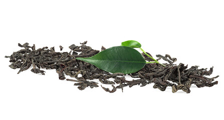 Black Ceylon tea - dried black tea and fresh tea leaves isolated on a white background.