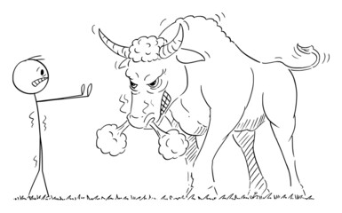 Fototapeta na wymiar Person or Businessman Watching Dangerous Angry Bull, Financial Market Concept, Vector Cartoon Stick Figure Illustration