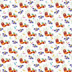 Cartoon striped monster worm and one-eyed winged alien on a white background with multicolored confetti, Seamless cute baby pattern. Ufo illustration in children's style, drawing by hands