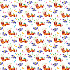 Cartoon striped monster worm and one-eyed winged alien on a white background with multicolored confetti, Seamless cute baby pattern. Ufo illustration in children's style, drawing by hands