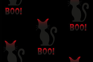 Seamless pattern happy halloween party. Endless background with black and red cat, lettering boo. Hand drawing vector clip art graphic elements for creative design, printable decor, decoration.