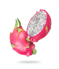 Whole and half of pitahaya or dragon fruit closeup, isolated on white background