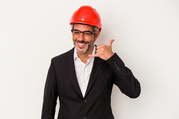 Middle age architect caucasian man isolated on white background  showing a mobile phone call gesture with fingers.