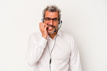 Middle age telemarketer caucasian man isolated on white background  biting fingernails, nervous and very anxious.