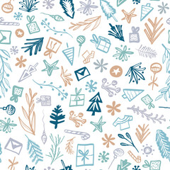 Christmas doodles seamless repeat pattern. Random placed, vector xmas elements like fir trees, gifts, sweater, letters, plants and stars all over surface print on white background.