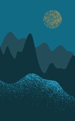 Minimal digital illustration of deep night in mountains with yellow moon and water sparks. Cold blue hues palette. Flat and simple illustration. Great as template, backdrop or print. Cartoon midnight. - 465104368