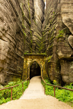 Entrance gate Gotick&aacute; br&aacute;na at the Adr&scaron;pach-Teplice Rocks, a unique nature reserve with strange looking rock formations and canyons, Czech Republic