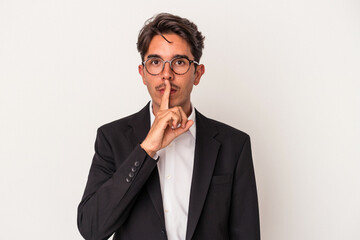 Young mixed race business man isolated on white background keeping a secret or asking for silence.