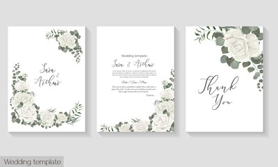 Fototapeta na wymiar Vector floral template for wedding invitation. White roses, eucalyptus, green plants and leaves.