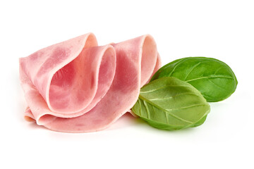 Cooked boiled ham sausage, isolated on white background.