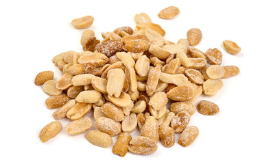 Salted peanuts, isolated on white background.