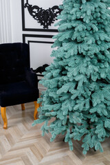 Close-up Christmas tree without toys. Good New Year spirit. Green branches of christmas tree