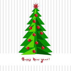 New Year card design. Vector illustration. Template for Congratulations. Vintage and minimalism style. Christmas trees, toys and lettering. 