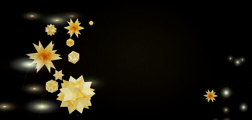 Futuristic Christmas background. Golden glittering stars and lights on the black, 3d render illustration. Futuristic design for Christmas greeting card, invitation, poster or any more.