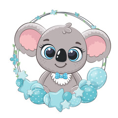 Cute koala boy in a wreath of balloons. Vector illustration of a cartoon.