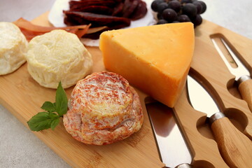 different types of cheeses on the board close-up selective focus.