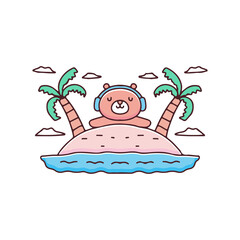 Cute bear sleeping on paradise island illustration. Vector graphics for t-shirt prints and other uses.