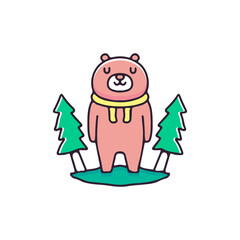 Adorable bear in forest illustration. Vector graphics for t-shirt prints and other uses.
