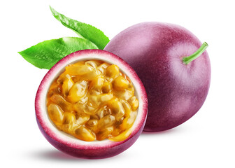 Juicy purple passion fruit: whole and half with pulp isolated on white background.