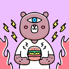 Cool bear with one eye holding burger illustration. Vector graphics for t-shirt prints and other uses.