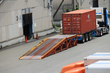 コンテナ車の荷降ろし作業