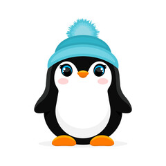 Cute little penguin girl wearing blue warm hat with pom