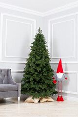 Fototapeta premium Christmas tree close-up without toys. Red toy elf gnome near the Christmas tree. Good New Year spirit.