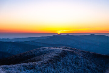 Mountain peaks in the setting sun, Bieszczady Mountains, Poland