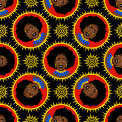 Seamless pattern with beautiful african american women and solar elements