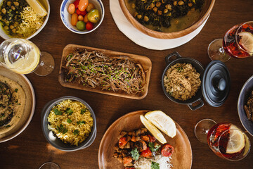 variety of vegan dishes on the table lunch dinner meal for gathering of friends holidays happy summertime celebration among family meeting party women together healthy food and drinks