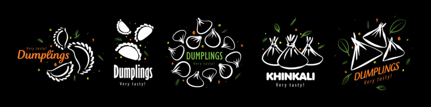 A set of vector logos with drawn dumplings on a black background