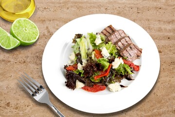 Grilled tasty salad dish and fresh vegetable. Healthy lunch menu.