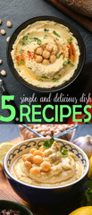Bowls with tasty hummus on dark background
