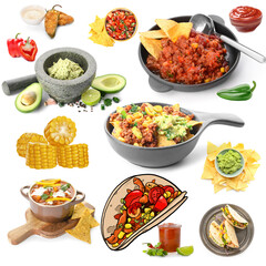 Collection of popular Mexican food on white background