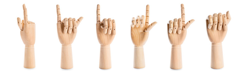 Set of wooden hand on white background