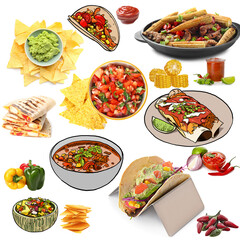 Collection of popular Mexican food on white background