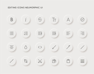 Neumorphic Text Editing User Interface (UI) Vector Icon Set. Neumorphism.