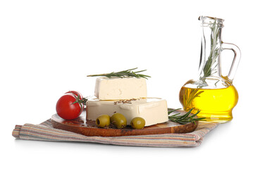 Plate with feta cheese, rosemary and olives on white background
