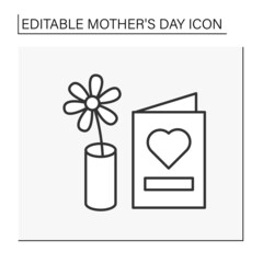 Presents line icon. Surprises for holiday. Flowers and postcard in honor of my mother. Special family day. Mother day concept. Isolated vector illustration. Editable stroke