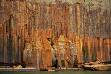 Abstract landscape of mineral stained cliff along the eroded sandstone shoreline of Lake Superior, Pictured Rocks National Lakeshore, Michigan&rsquo;s Upper Peninsula, USA