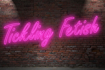 Neon Tickling Fetish lettering on Brick Wall at night - obrazy, fototapety, plakaty