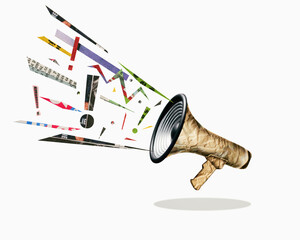 Megaphone with shadow on an isolated background. Art collage. Announcement of an important event. - obrazy, fototapety, plakaty